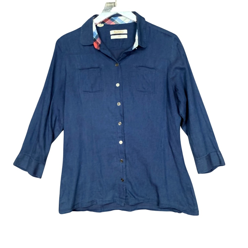 Barbour‎ Shirt Womens 10 Blue Button Down Long Sleeve Slim Fit Casual Preppy